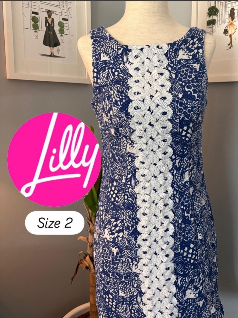 Lilly Pulitzer SIZE 2 Navy & White Crochet-Trim Sleeveless Shift Dress